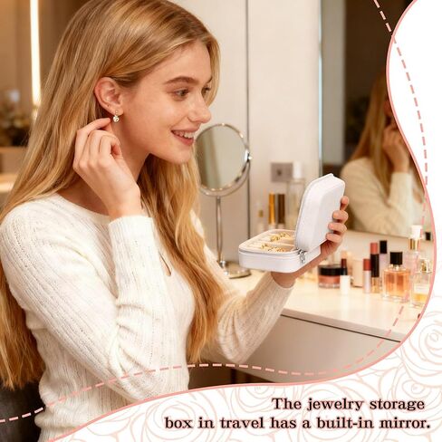 Travel Jewelry Case and Organizer with Mirror,Portable Mini Storage Box for Rings, Earrings, Necklaces, Gift for Mother Mom, Girl, Daughter, Sisters, Bridesmaids, Mother's Day Gift（White） in Saudi Arabia