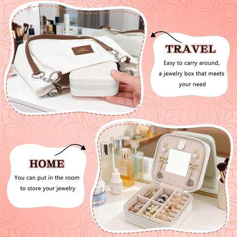 Travel Jewelry Case and Organizer with Mirror,Portable Mini Storage Box for Rings, Earrings, Necklaces, Gift for Mother Mom, Girl, Daughter, Sisters, Bridesmaids, Mother's Day Gift（White） in Saudi Arabia