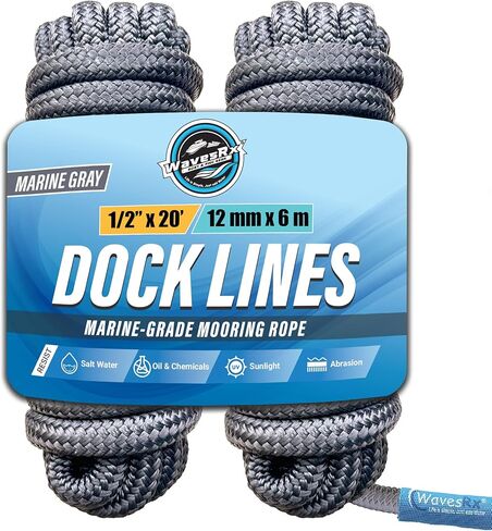 WavesRx 1/2 بوصة × 20 بوصة (2PK) خطوط رصيف ممتازة للقوارب والعائمة | حبال قارب نايلون مضفرة مزدوجة لرسو السفن بحلقة | خطوط الرصيف البحري | خط رصيف القوارب المقاوم للأشعة فوق البنفسجية والمياه المالحة | حبل رباط القارب in Kuwait