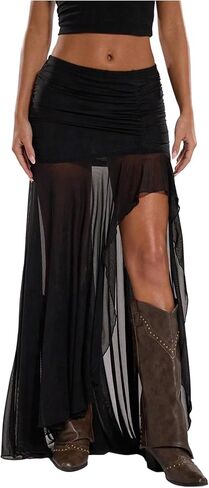تنورة GORGLITTER النسائية ذات الشق العالي الشبكي Y2k Goth Sheer Ruched Bodycon تنانير طويلة غير متناظرة مع شورت in Kuwait
