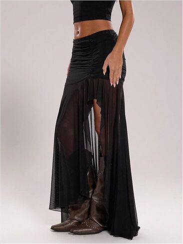 تنورة GORGLITTER النسائية ذات الشق العالي الشبكي Y2k Goth Sheer Ruched Bodycon تنانير طويلة غير متناظرة مع شورت in Kuwait