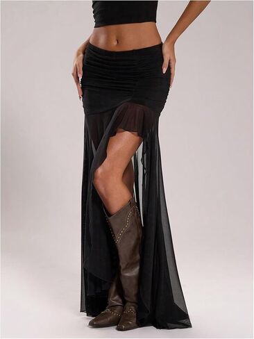 تنورة GORGLITTER النسائية ذات الشق العالي الشبكي Y2k Goth Sheer Ruched Bodycon تنانير طويلة غير متناظرة مع شورت in Kuwait