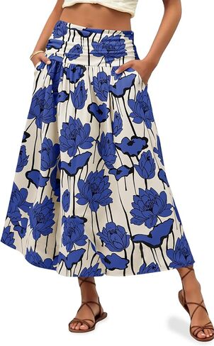 تنورة طويلة للسيدات من Wenrine بطبعة زهور، تنورة طويلة بخصر عالٍ على شكل حرف A Boho Flowy للشاطئ والعطلات مع جيوب in Saudi Arabia