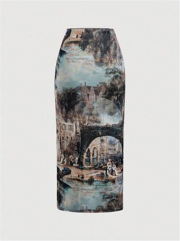 SHENHE Women's Vintage High Waisted Side Slit Printed Summer Aesthetic Tight Midi Skirt in Saudi Arabia