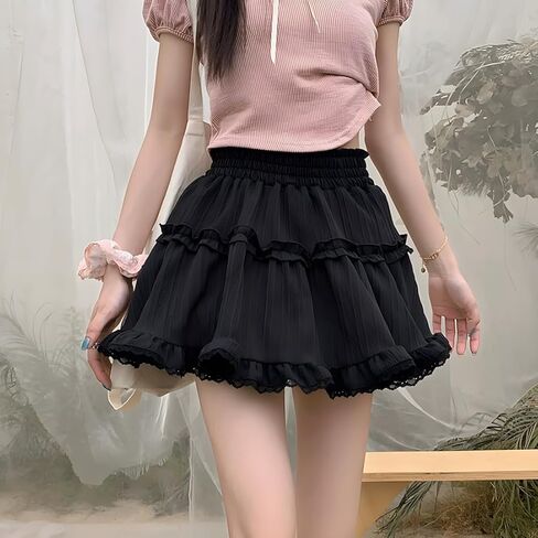 Kawaii Lolita Gothic Clothes Casual Style A-line Elastic Waist Lace Trim Pleated Short Skirt in Saudi Arabia
