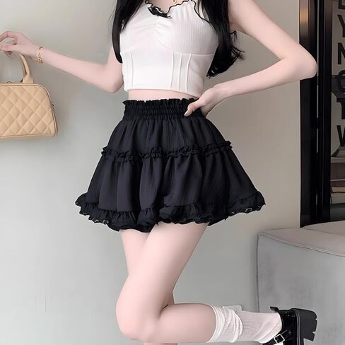 Kawaii Lolita Gothic Clothes Casual Style A-line Elastic Waist Lace Trim Pleated Short Skirt in Saudi Arabia