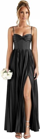 فساتين وصيفة الشرف من الساتان 2026 للنساء أشرطة سباغيتي مطوي طويل مشد فستان سهرة رسمي in Kuwait