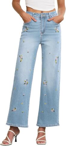 Sidefeel Women's Straight Leg Embroidered Jeans High Waisted Stretchy Wide Leg Denim Pants in Saudi Arabia