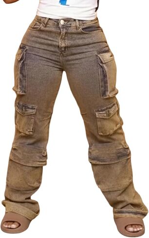 Tbahhir Women Cargo Jeans Baggy High Waisted Straight Leg Denim Pants Multi-Pockets Y2K Trousers Loose Casual Fall in Saudi Arabia