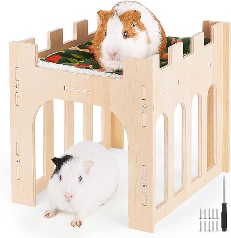 Bienbee Guinea Pig Hideout, Large Wooden Guinea Pig Castle with Stair, Hammock and Mat, Detachable Double-Decker Guinea Pig House for Bunny Hamster Chinchilla Ferret Rabbit Guinea Pig Accessories in Kuwait