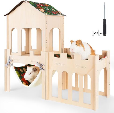 Bienbee Guinea Pig Hideout, Large Wooden Guinea Pig Castle with Stair, Hammock and Mat, Detachable Double-Decker Guinea Pig House for Bunny Hamster Chinchilla Ferret Rabbit Guinea Pig Accessories in Kuwait