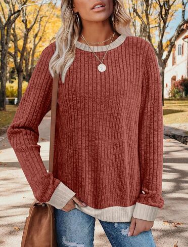 Womens Tops Long Sleeve Shirts Lightweight Sweaters Loose Fit Crewneck Color Block Fall Fashion Outfits in Saudi Arabia