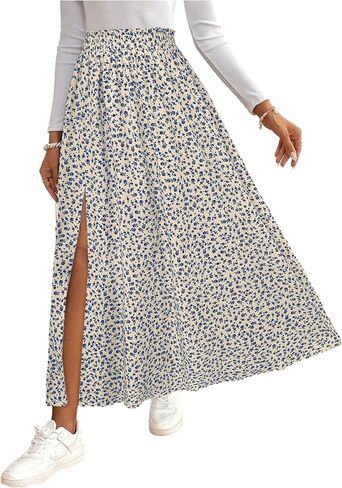 تنورة Milumia النسائية بوهو ديتسي ذات الأزهار عالية الخصر وفتحة الفخذ تنانير طويلة طويلة واسعة in Kuwait