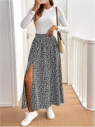 Milumia Women's Boho Ditsy Floral Skirt High Waist Split Thigh Flowy Long Maxi Skirts in Saudi Arabia