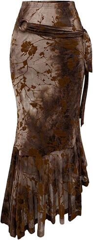 Women's Retro Floral Bodycon Skirt Vintage Ruffle Fishtail Gothic Long Going Out Skirts in Kuwait