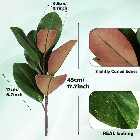 أوراق ماغنوليا الاصطناعية فروع وهمية ثلاثية الأبعاد ماغنوليا اختيار سيقان خضراء صناعية أوراق لمزهرية داخلية وخارجية لملء طاولة المكتب المنزلية (6 قطع، 18 بوصة) in Kuwait