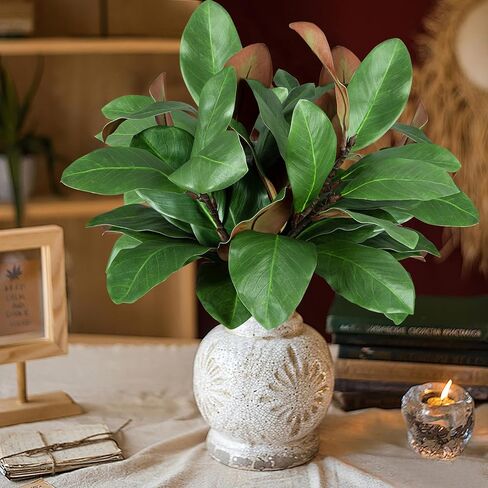 أوراق ماغنوليا الاصطناعية فروع وهمية ثلاثية الأبعاد ماغنوليا اختيار سيقان خضراء صناعية أوراق لمزهرية داخلية وخارجية لملء طاولة المكتب المنزلية (6 قطع، 18 بوصة) in Kuwait