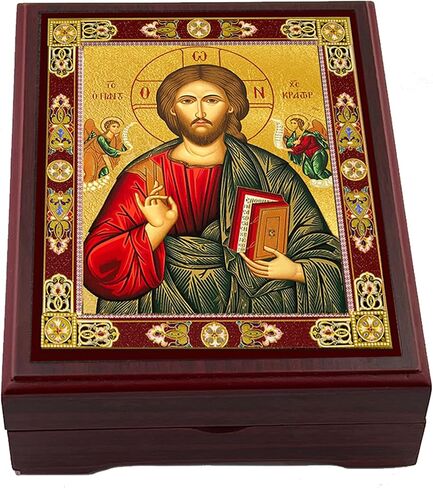 Needzo Christ Blessings صندوق مسبحة يسوع بانتوكراتور لسبحة صلاة مسبحة خشبية، 5 بوصة أيقونة بيزنطية هدايا دينية in Saudi Arabia