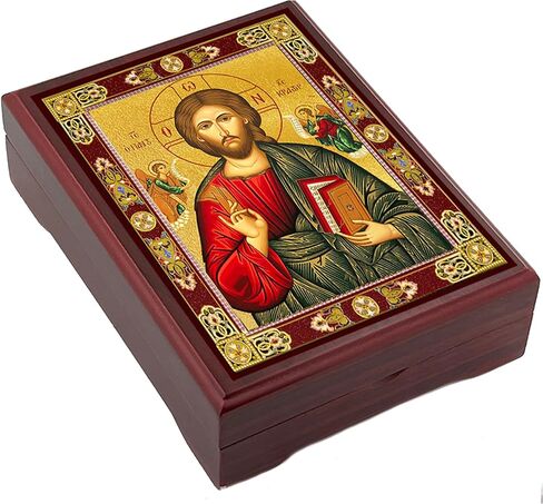 Needzo Christ Blessings صندوق مسبحة يسوع بانتوكراتور لسبحة صلاة مسبحة خشبية، 5 بوصة أيقونة بيزنطية هدايا دينية in Saudi Arabia