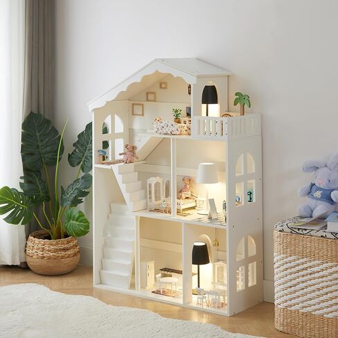 Wooden Dollhouse Bookshelf - Toddler Doll House Bookcase, Extra Space Kids Toy Storage Book Shelf, 3-Tier Children Dollhouse, Pretend Play Toy House, Gift for Girls & Boys Ages 3+ in Kuwait