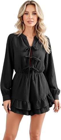 Women Long Sleeve Rompers Tie Front Lantern Sleeves Jumpsuit Shorts with Pockets Cute Summer Fall Dressy Casual in Kuwait