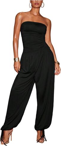 OYOANGLE Women's Strapless Jumpsuits Ruched Sleeveless Drawstring Hem Long Pants Romper in Saudi Arabia