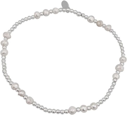 Silverly Sterling Silver Genuine Pearl Bracelet - 925 Silver Stacking Stretch Design - Ball Beaded Bracelets for Women - Cute June Birthstone Jewelry Gift - Freshwater Pearls in Saudi Arabia