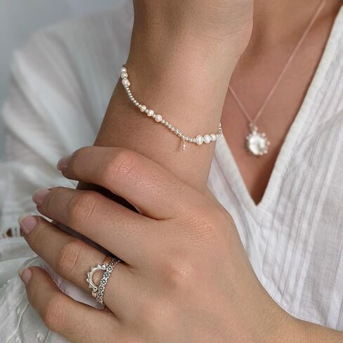 Silverly Sterling Silver Genuine Pearl Bracelet - 925 Silver Stacking Stretch Design - Ball Beaded Bracelets for Women - Cute June Birthstone Jewelry Gift - Freshwater Pearls in Saudi Arabia