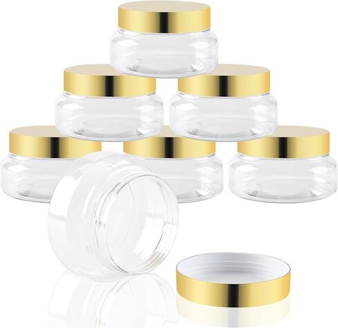24 عبوة من الحاويات البلاستيكية سعة 8 أونصة مع أغطية وملصق مقاوم للماء خالٍ من مادة BPA - حاويات مستحضرات تجميل شفافة قابلة لإعادة الملء لزبدة الجسم ومقشر السكر والكريم واللوشن والحلوى وملح الاستحمام (ذهبي، 8 أونصة) in Kuwait