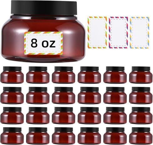 24 عبوة من الحاويات البلاستيكية سعة 8 أونصة مع أغطية وملصق مقاوم للماء خالٍ من مادة BPA - حاويات مستحضرات تجميل شفافة قابلة لإعادة الملء لزبدة الجسم ومقشر السكر والكريم واللوشن والحلوى وملح الاستحمام (ذهبي، 8 أونصة) in Kuwait