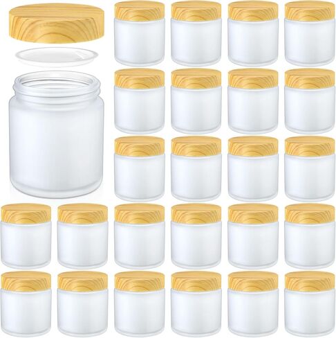 Norme 24 Pcs 4oz Glass Jars with Lids Empty Small Glass Containers and Inner Liners Reusable Cosmetic Jars Round Airtight Bottles with Plastic Woodgrain Lids(Frosted Style,Translucent) in Saudi Arabia