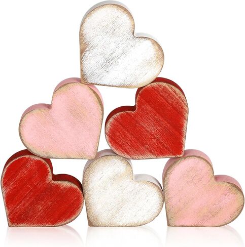 COCHIE Wooden Valentine's Day Hearts Decorations Indoor, Wood Heart Blocks Tiered Tray Decor Set of 6, Red Pink White Valentine Decoration for Home Party Office Shelf Mantle (Vintage) in Saudi Arabia