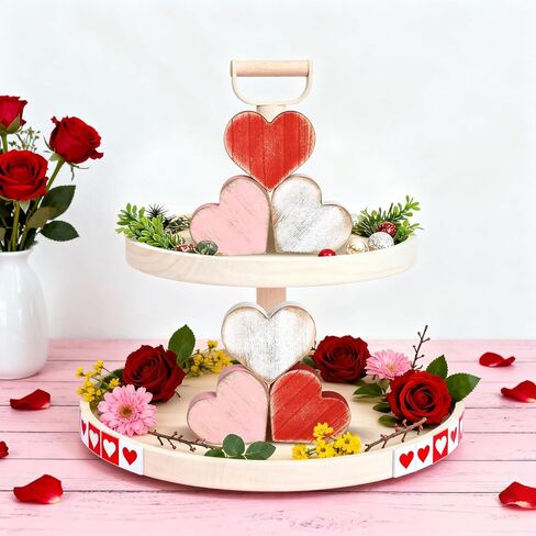 COCHIE Wooden Valentine's Day Hearts Decorations Indoor, Wood Heart Blocks Tiered Tray Decor Set of 6, Red Pink White Valentine Decoration for Home Party Office Shelf Mantle (Vintage) in Saudi Arabia