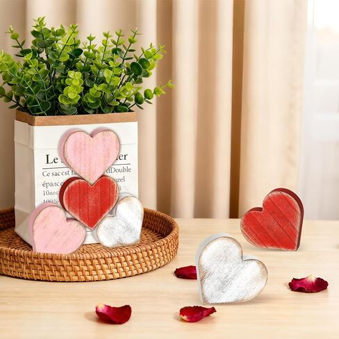 COCHIE Wooden Valentine's Day Hearts Decorations Indoor, Wood Heart Blocks Tiered Tray Decor Set of 6, Red Pink White Valentine Decoration for Home Party Office Shelf Mantle (Vintage) in Saudi Arabia