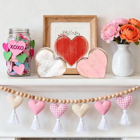 COCHIE Wooden Valentine's Day Hearts Decorations Indoor, Wood Heart Blocks Tiered Tray Decor Set of 6, Red Pink White Valentine Decoration for Home Party Office Shelf Mantle (Vintage) in Saudi Arabia