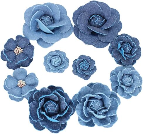 Dreuyet 10 PCS Denim Fabric Flower Brooch Pins with Hair Clips Denim Ribbon Fabric Camellia Flowers Corsage Pin Clip Sweater Coat Dress Suit Backpack Clothes Accessories in Saudi Arabia