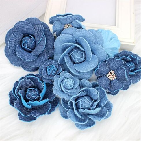 Dreuyet 10 PCS Denim Fabric Flower Brooch Pins with Hair Clips Denim Ribbon Fabric Camellia Flowers Corsage Pin Clip Sweater Coat Dress Suit Backpack Clothes Accessories in Saudi Arabia
