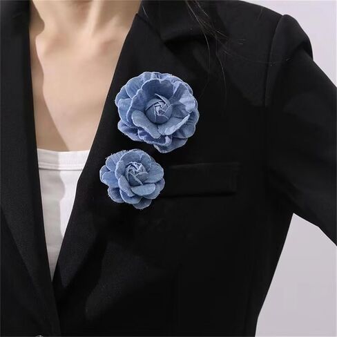 Dreuyet 10 PCS Denim Fabric Flower Brooch Pins with Hair Clips Denim Ribbon Fabric Camellia Flowers Corsage Pin Clip Sweater Coat Dress Suit Backpack Clothes Accessories in Saudi Arabia