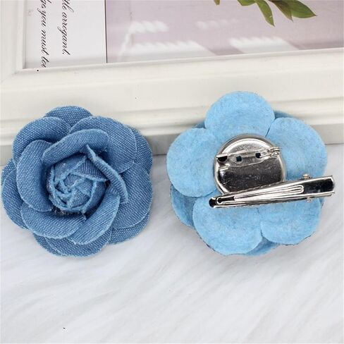 Dreuyet 10 PCS Denim Fabric Flower Brooch Pins with Hair Clips Denim Ribbon Fabric Camellia Flowers Corsage Pin Clip Sweater Coat Dress Suit Backpack Clothes Accessories in Saudi Arabia