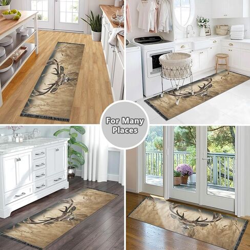 YETTASBIN Deer Runner Rug 2' X 6', Anti Fatigue Large Floor Mat Soft Absorbent Washable Linen Area Rug with Non-Slip Rubber Back for Entryway, Bedroom, Hallway, Kitchen in Kuwait