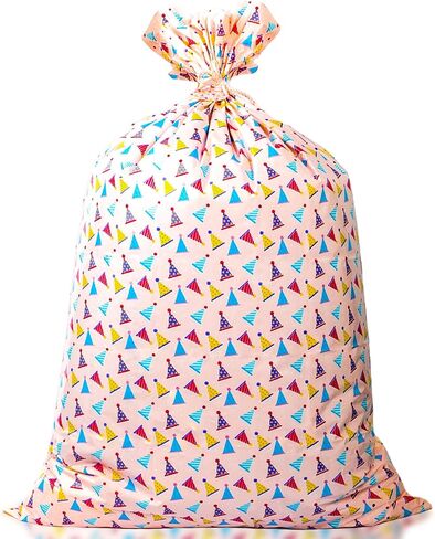 Merture 56" x 36" Pink Extra Large Birthday Gift Bag with Tag & Tie, Jumbo Plastic Gift Bag with Party Hat Design Large Plastic Bag for Birthday, Christmas, Baby Shower, Party and More - 1 Pcs - Pink in Saudi Arabia