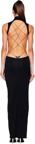 Women's Sexy Mock Neck Criss Cross Wrap Maxi Dress Silver Metal Butterfly Bodycon Long Dress Backless Party Dress in Saudi Arabia