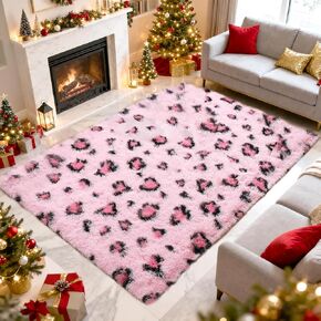 Leopard Print Rug, Soft Long Shag Carpet with Non-Slip Sponge Rug, Suitable for Living Room and Bedroom, Modern Home Decor Animal Print Area Rug (Pink,4'x6' (Rectangular)) in Saudi Arabia