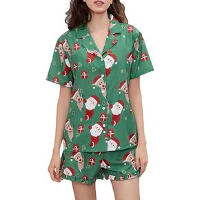 DSORVICD Women Holiday Christmas Pajama Set Long Sleeve Button Down Shirt and Shorts Silk Pj Set 2 Piece Xmas Jammies in Saudi Arabia