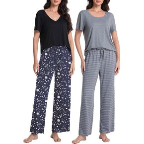 2 Pack: Womens Pajama Set Short Sleeve Tops with Long Pants PJ Set Soft Lounge Sets for Women in Kuwait