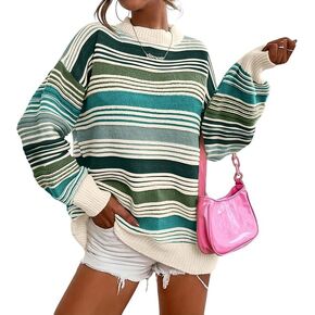 Womens Contrast Striped Pullover Sweaters Crewneck Long Sleeve Loose Colorblock Knit Jumper Casual Oversized Fall Tops in Kuwait