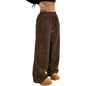 بنطال رياضي فضفاض بطبعة الفهد للسيدات بنطال واسع الساق بخصر مطاطي ورباط مع جيوب in Kuwait