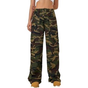 Women's Camouflage Print High Waisted Cargo Pants - Y2K Loose Wide Leg Streetwear Trousers with Multi Pockets in Saudi Arabia