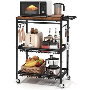 Microwave Kitchen Cart with Push Handle, 3 Tire Rolling Cart with 210Lbs Capacity, Vintage Kitchen Storage Cart with 2 Lockable Wheels for Kitchen, Restaurant, Living Room, Office, Balcony in Saudi Arabia