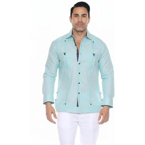 Mojito Collection Men's 100% Linen Guayabera Shirt Long Sleeve with Print Trim Accent in Saudi Arabia